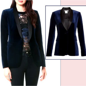Alice + Olivia Womens 8 Blue Velvet Tuxedo Blazer Jacket One-Button Satin Black